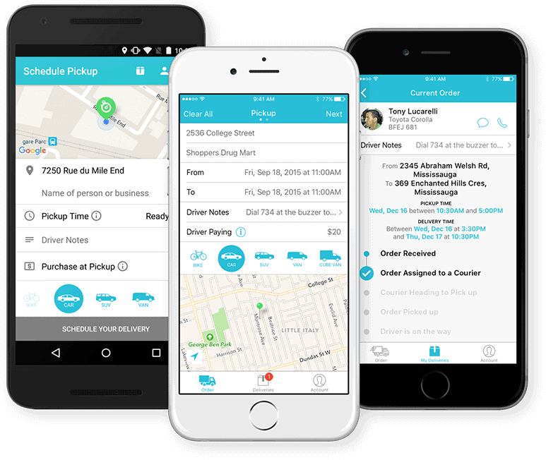 Three smartphones displaying different screens of a delivery service app, featuring a map view, order details, and driver information.