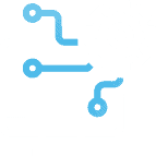 Three blue abstract line icons with circular ends, representing digital connections or a flowchart.
