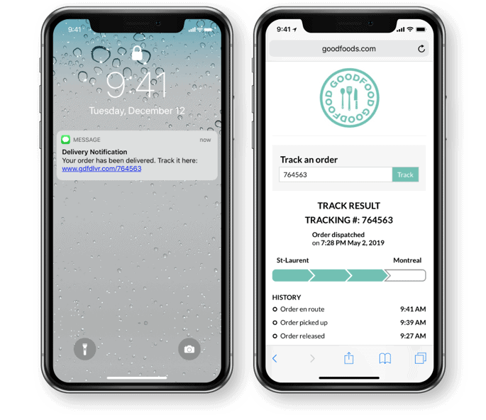 Two smartphones displaying delivery tracking information for an order from goodfoods.com, with one showing a delivery notification and the other detailing the tracking progress.