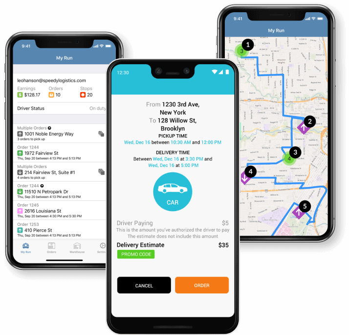 Three smartphones displaying a package delivery tracking app with map routes and delivery details.