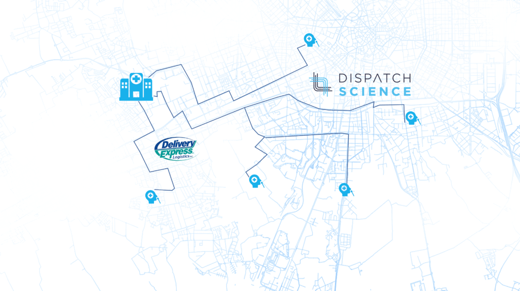 Illustration of a Delivery Express network map with route and location markers, featuring the logo of Dispatch Science.