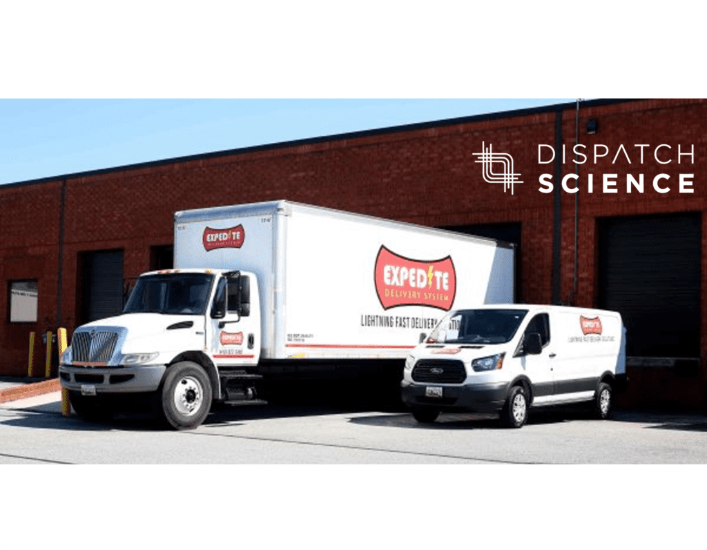 A delivery truck and van parked beside each other in front of a brick building, both marked with "Expedite Delivery Systems" branding.