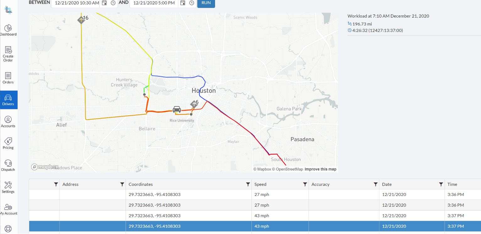 Driver Audit trail screenshot showing past position and speed.