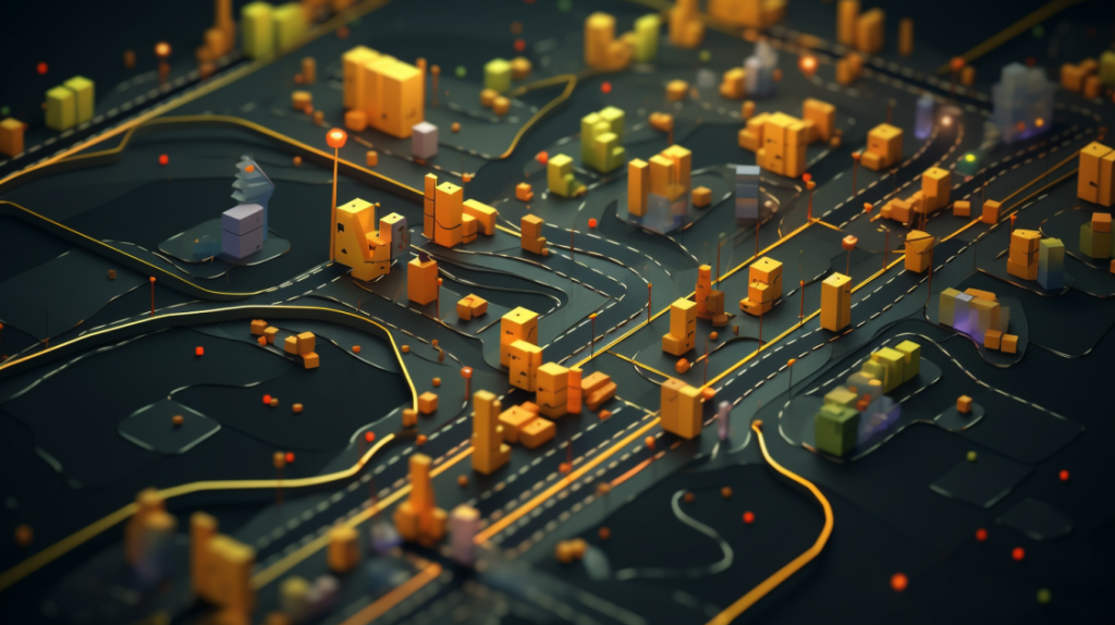 Digital illustration of a stylized city map with colorful, geometric buildings and algorithms for route optimization winding through the roads.