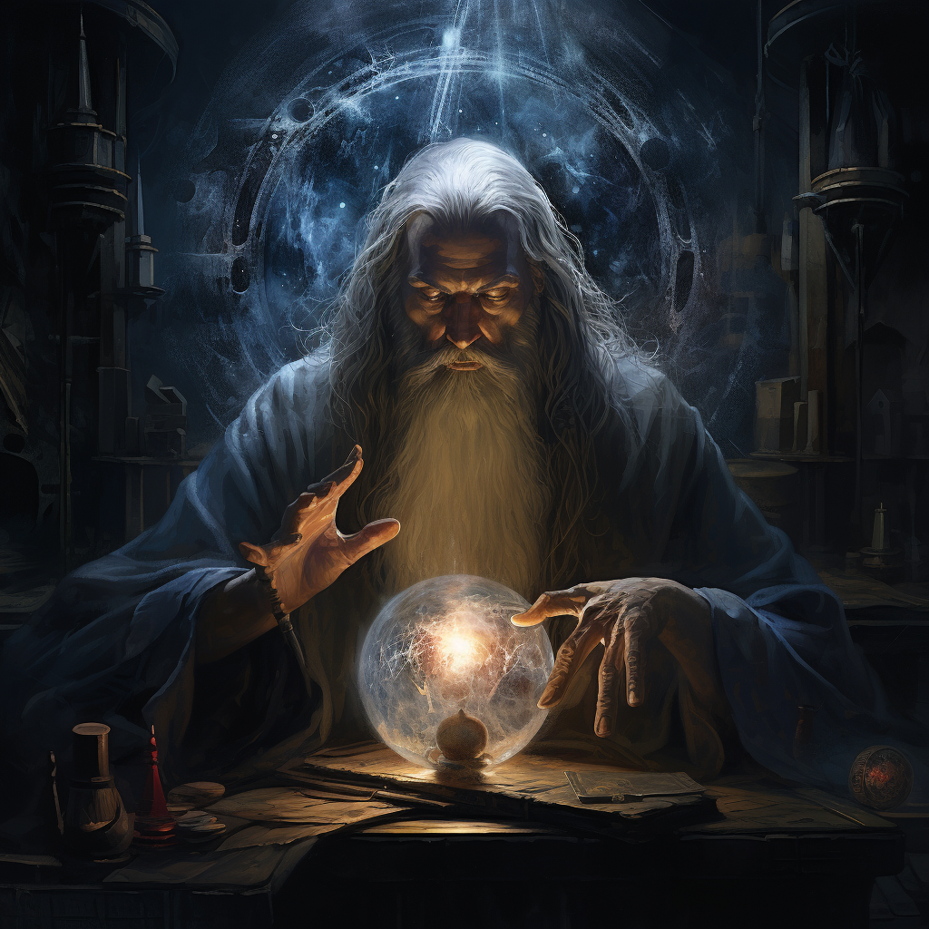 An elderly wizard studies a glowing orb with cosmic patterns swirling around, in a dark room filled with mystical artifacts and an ancient package visibility scroll.