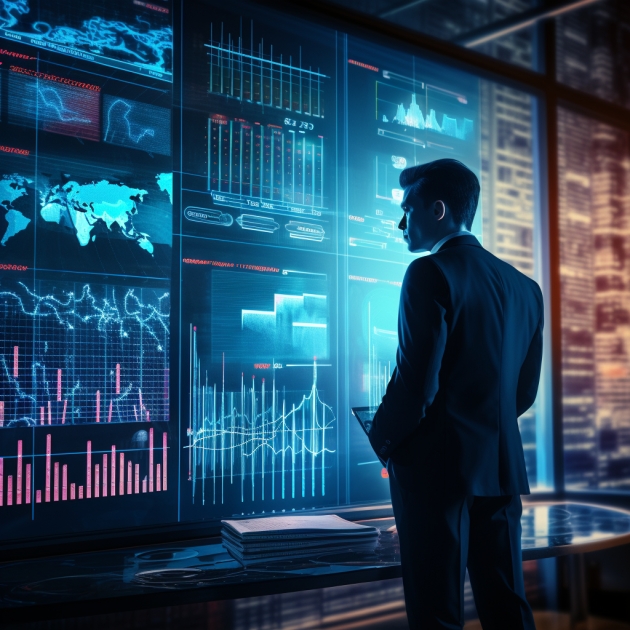 A businessman analyzing data on multiple digital screens in a high-tech control room.