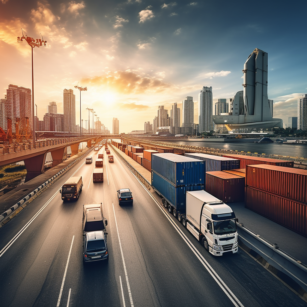 Multi-lane highway bustling with mixed vehicle traffic and cargo trucks tasked with urgent dispatch, flanked by high-rise buildings, under a sunset sky.