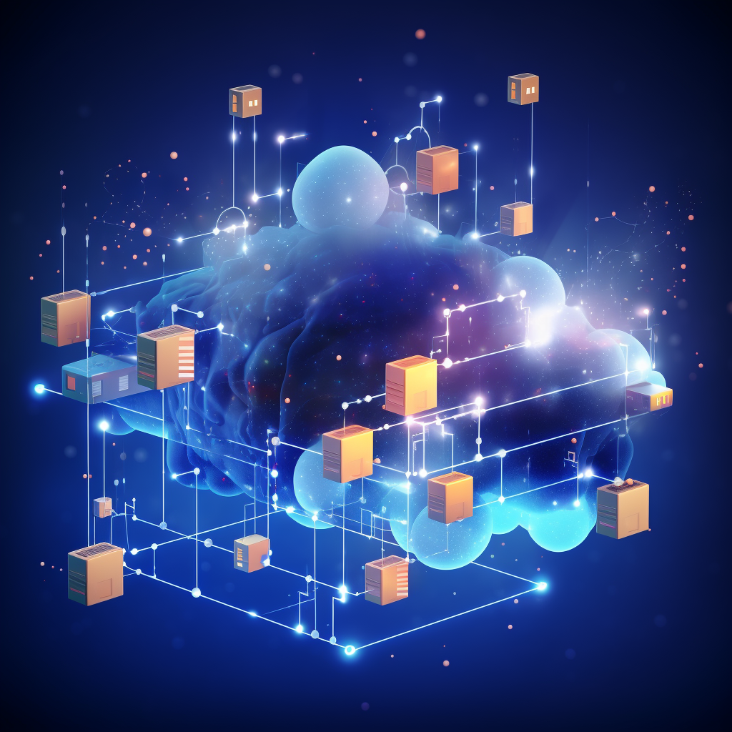 A digital illustration of a cloud computing concept with interconnected nodes and cloud software data storage units.