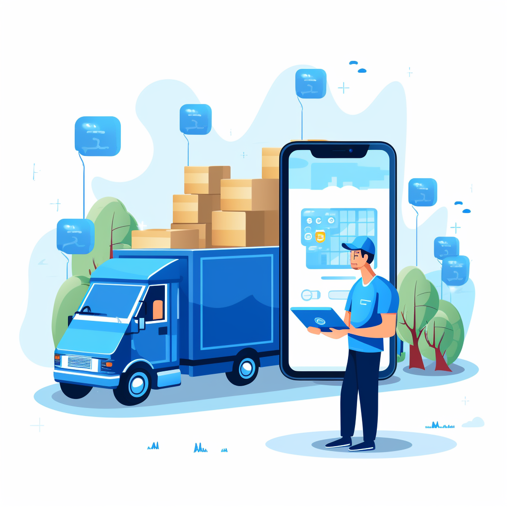 Digital logistics and delivery services concept with a courier, delivery truck, and driver app for mobile tracking.