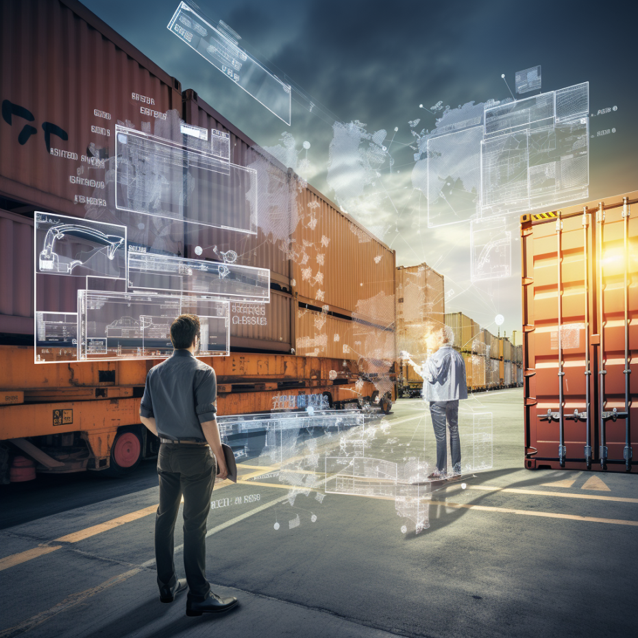 Two people observing a digital overlay of logistics data via an API on a shipping container yard at dusk to streamline logistics.